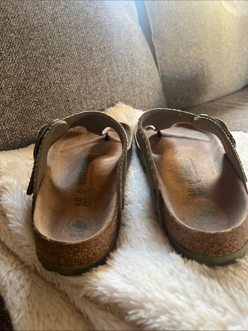 Vegan Birkenstock Tan Canvas Thong Sandals Big Buckle Rivet Logo Khaki 9 40 - Picture 3 of 8